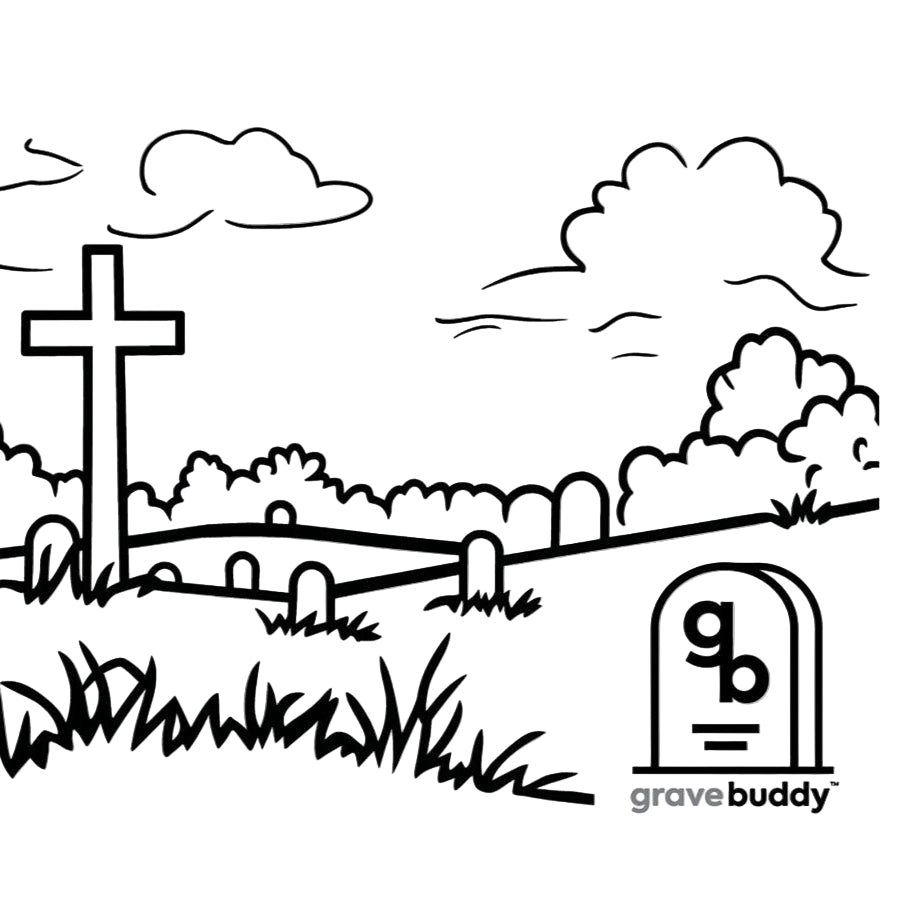 Black and white illustration of a cemetery with gravestones and a cross, featuring the GraveBuddy logo.